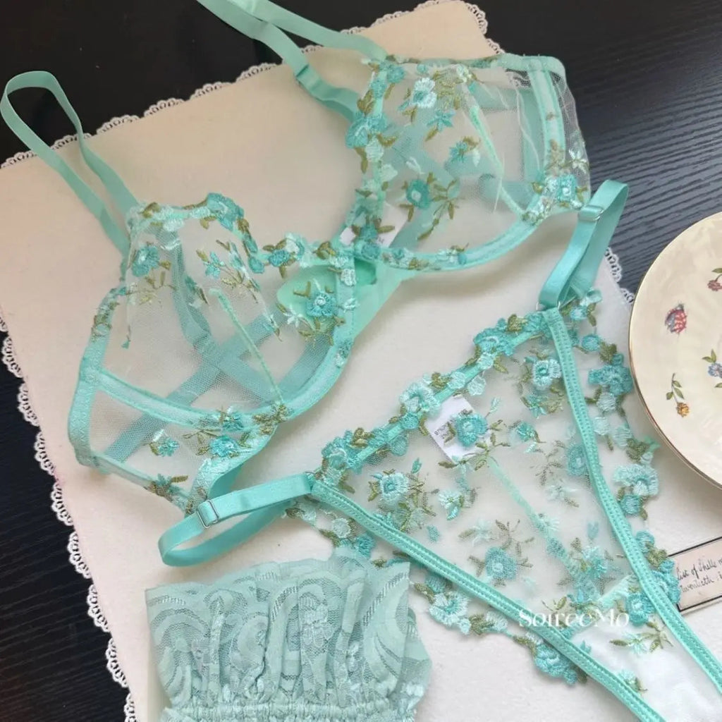 Parisian Nights Embroidered Lace Bralette - French Mesh Set