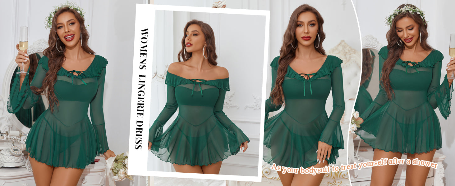 Romantic Ruffles Off-Shoulder Babydoll - Long Sleeve Nightgown
