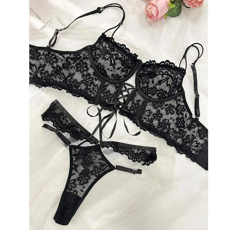 Noir Romance Floral Lace Set - Sheer Bra & Brief Collection