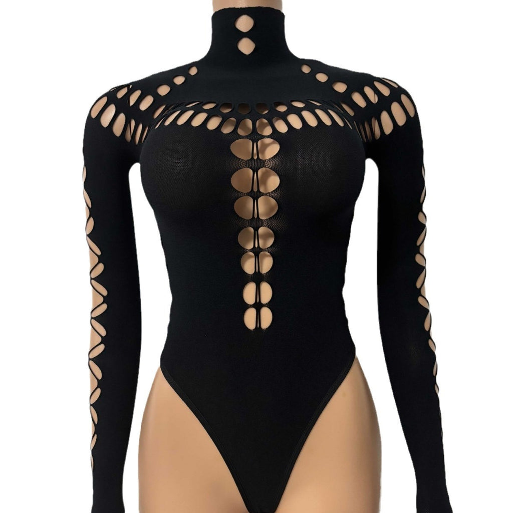 Hollow Out One-Piece Mesh Bodysuit - Nightwear