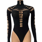 Hollow Out One-Piece Mesh Bodysuit - Nightwear