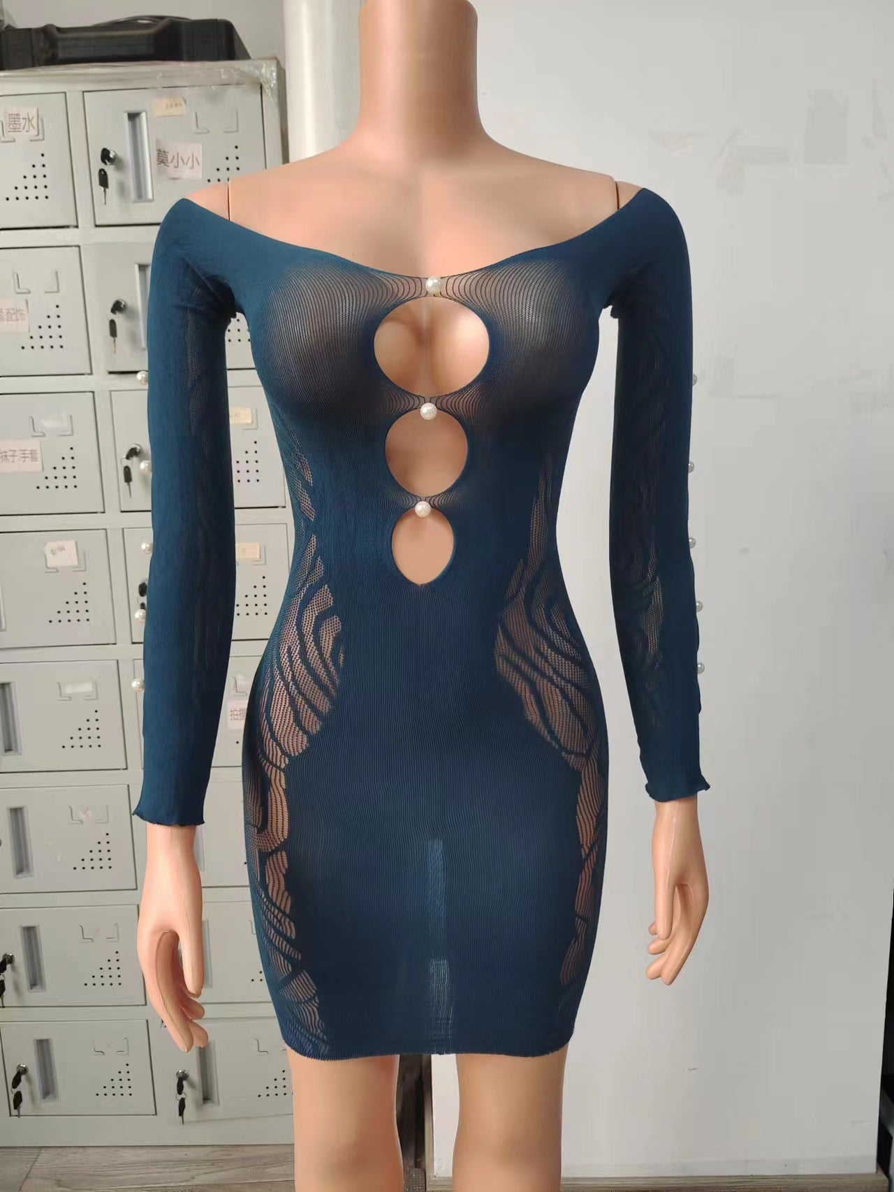 Pearl Hollow Out Mesh Dress - Long Sleeve Bodycon Style