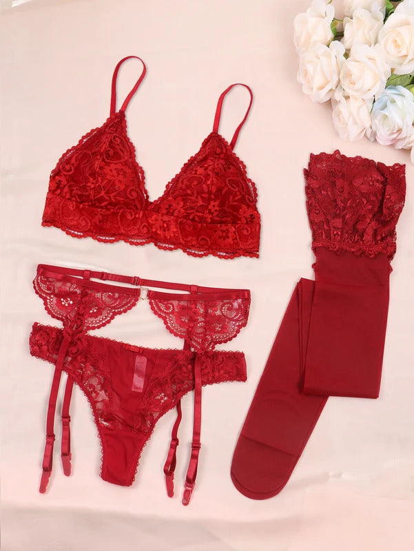 Summer Enchantment Lace Lingerie Set - 4 Piece Bra & Garter Collection