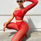Mesh Bodysuit Set - Hollow Out Sheer Design with Pants