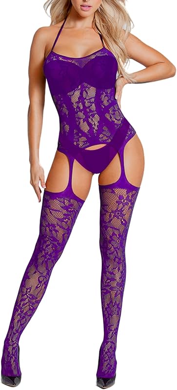Fishnet Bodystocking with Attached Stockings - One Piece