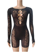 Mesh Bodycon Bodysuit - High Waist Long Sleeve Sleepwear