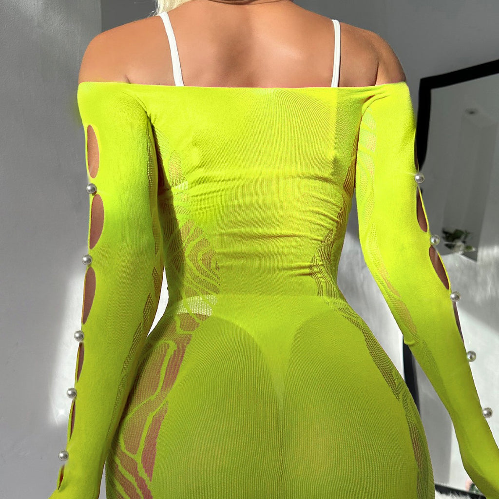 Pearl Hollow Out Mesh Dress - Long Sleeve Bodycon Style