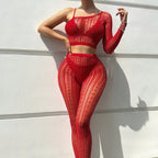 Mesh Bodysuit Set - Hollow Out Sheer Design with Pants
