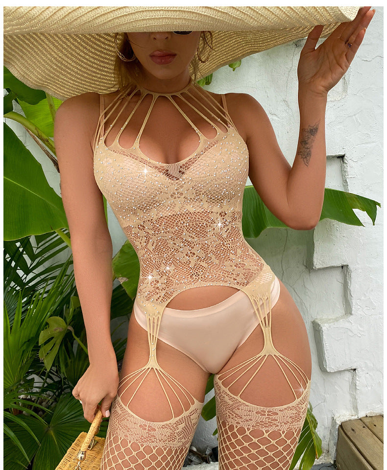 Halter Neck Rhinestone Bodysuit - Mesh Nightdress