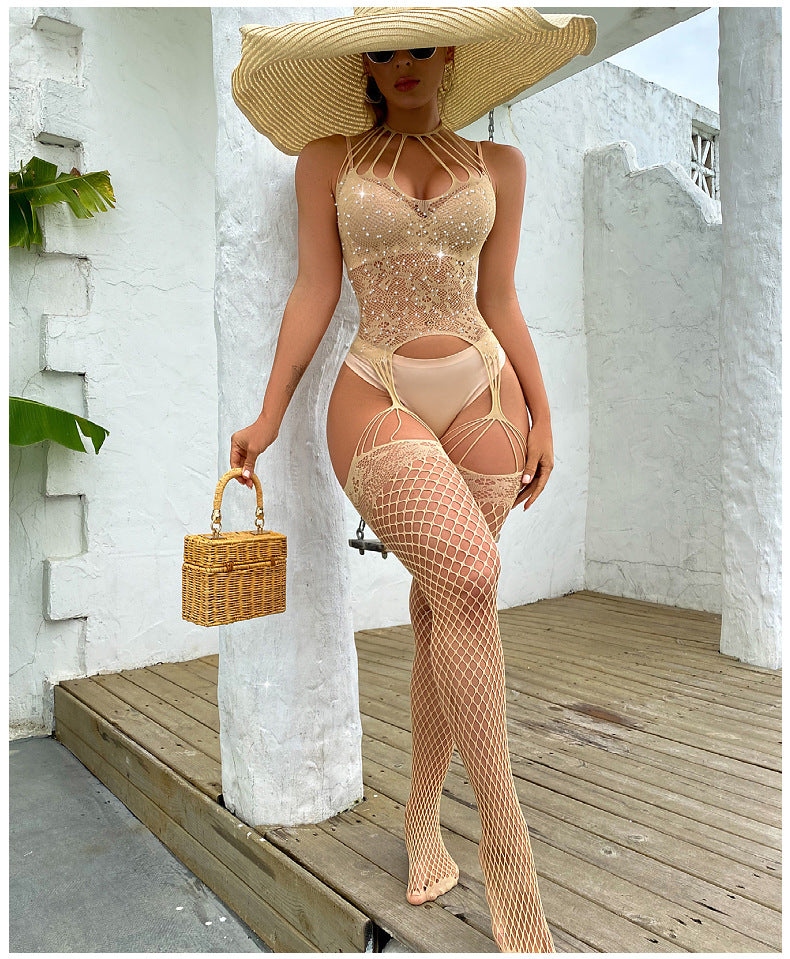 Halter Neck Rhinestone Bodysuit - Mesh Nightdress