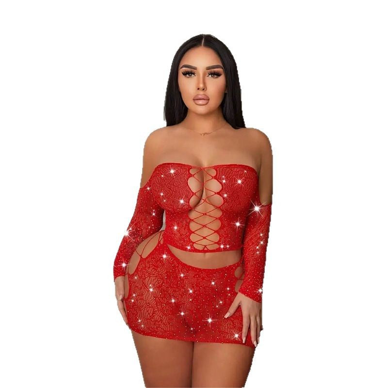 Rhinestone Tube Top Mesh Dress - Two-Piece Bodycon Set