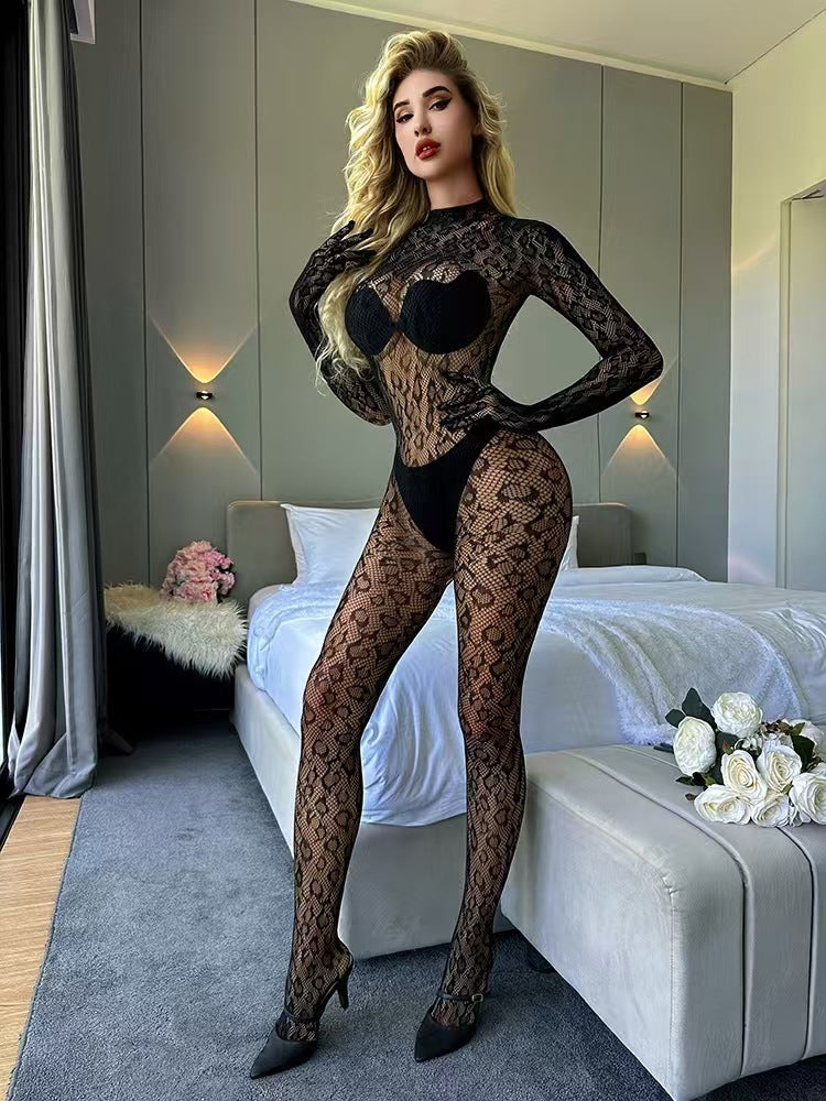 Leopard Print One-Piece Bodysuit with Stockings Set