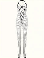 Halter Neck Bodysuit with Stockings - Hollow Out Mesh Nightwear