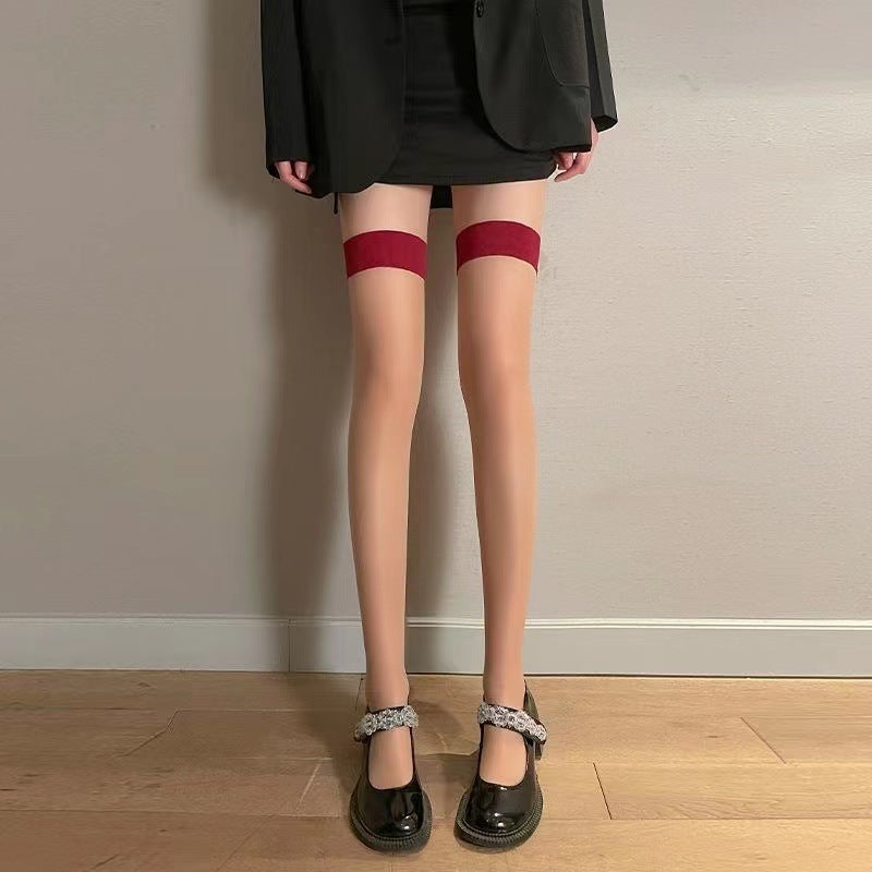 Over-Knee Stockings - Color Block Design with Red Edge