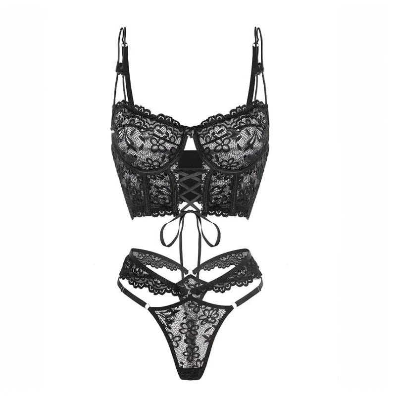 Noir Romance Floral Lace Set - Sheer Bra & Brief Collection