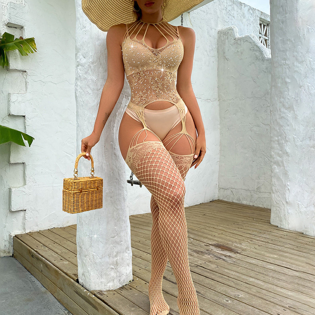 Halter Neck Rhinestone Bodysuit - Mesh Nightdress