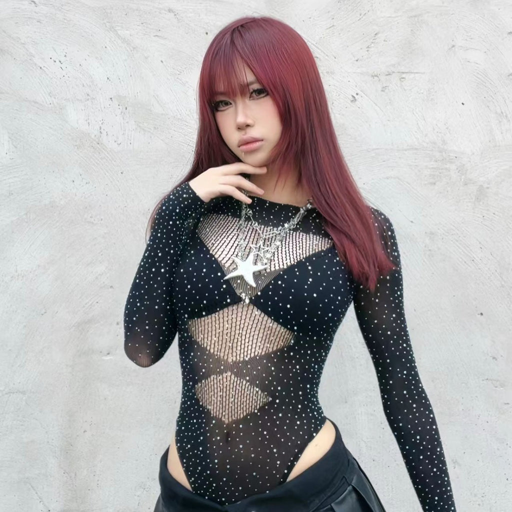 Rhinestone Mesh Set - Sheer Nightwear with Stockings