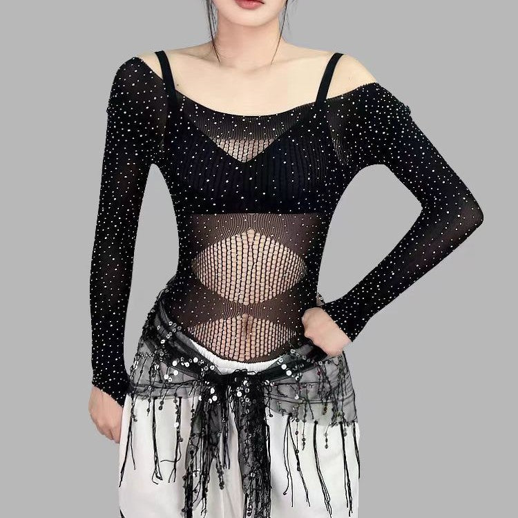Rhinestone Mesh Set - Sheer Nightwear with Stockings