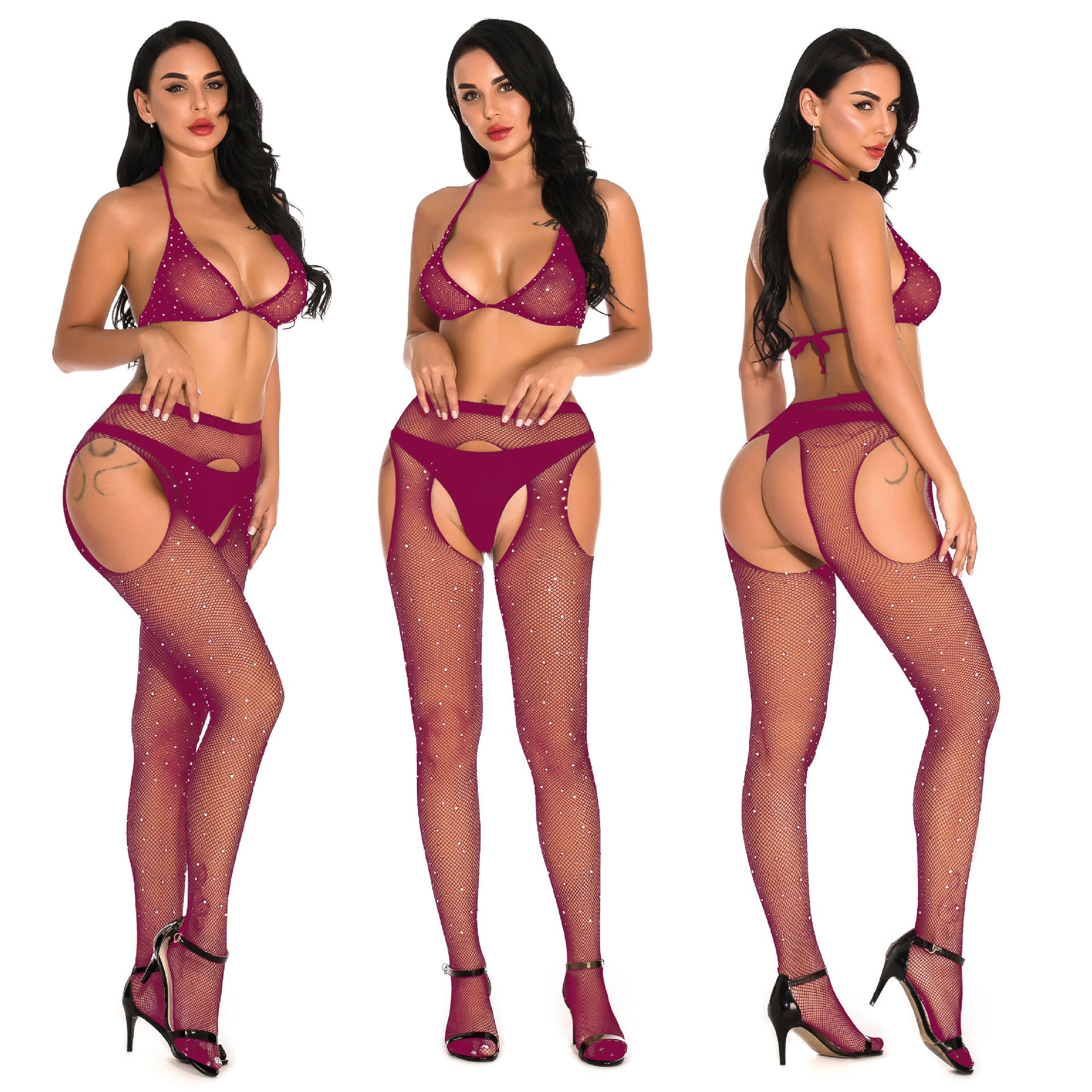 Rhinestone Mesh Dress with Stockings - Bikini Lingerie Set