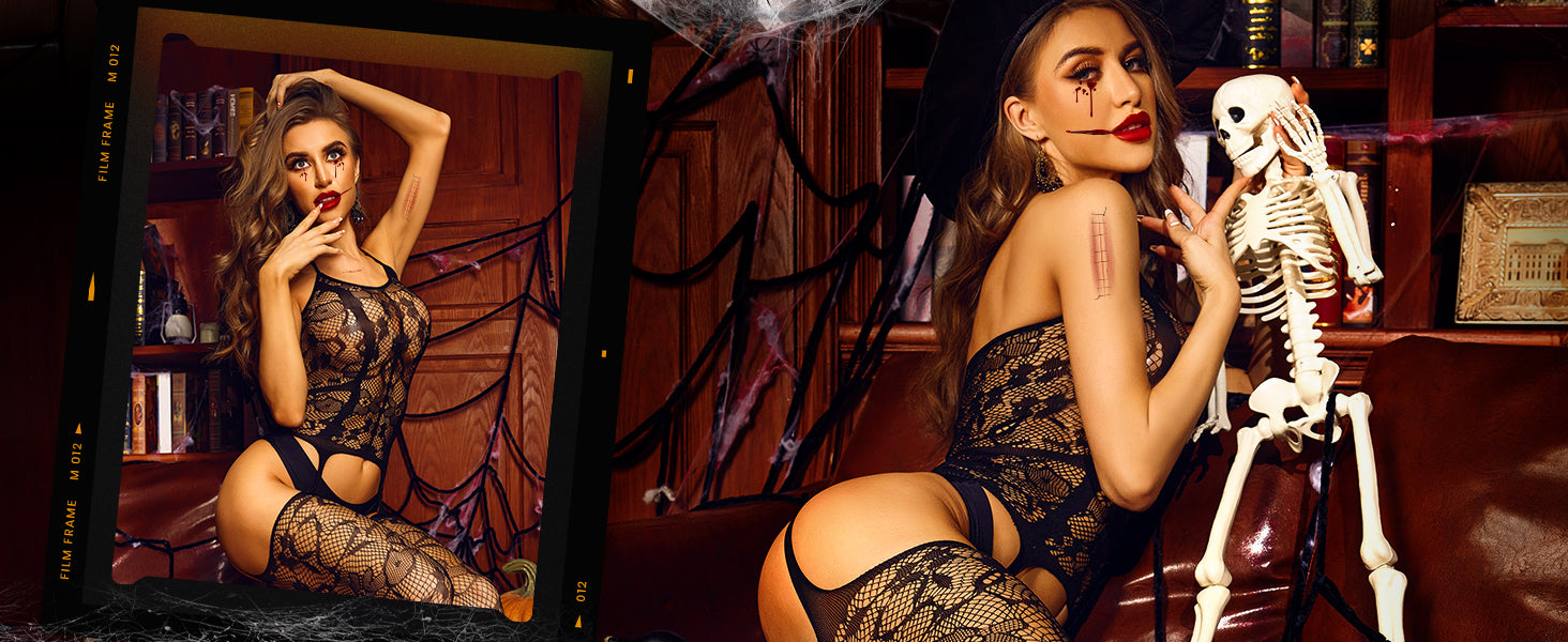 Fishnet Bodystocking with Attached Stockings - One Piece