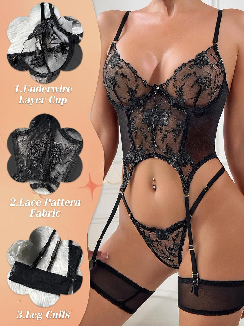 Corset Elegance Lace Teddy - 3 Piece Garter Belt Set
