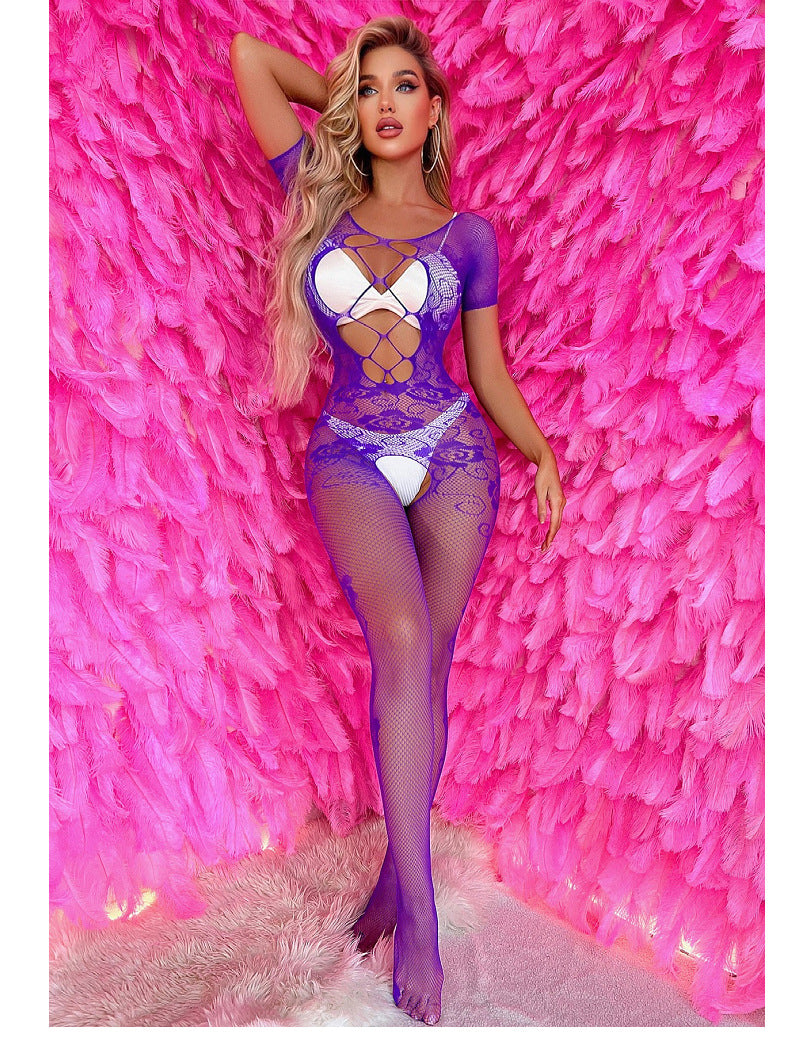 Jacquard Mesh Dress with Stockings - One Piece Nightwear Set