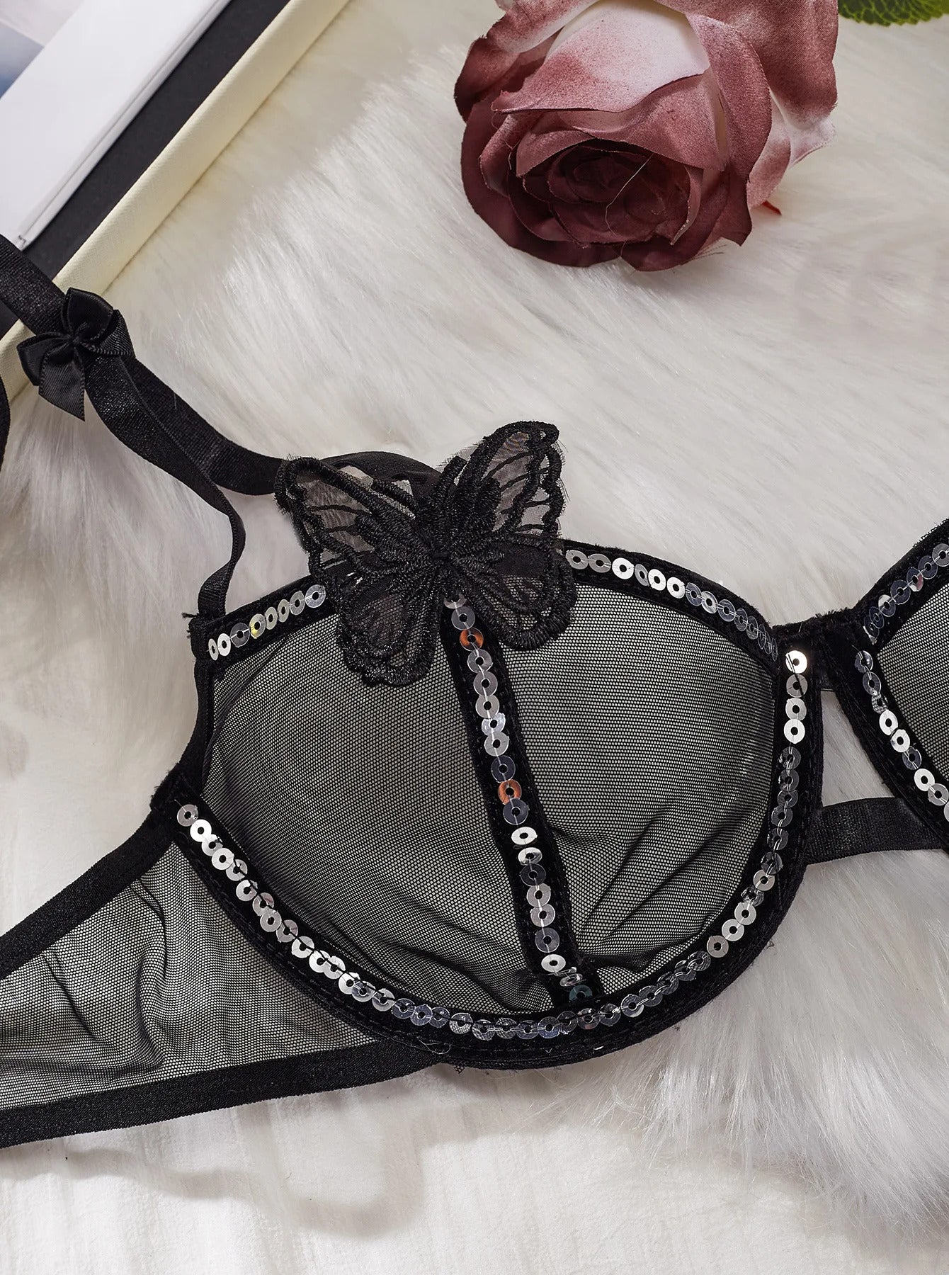 Butterfly Glamour Mesh Lingerie - Sequin Bra and Brief Set