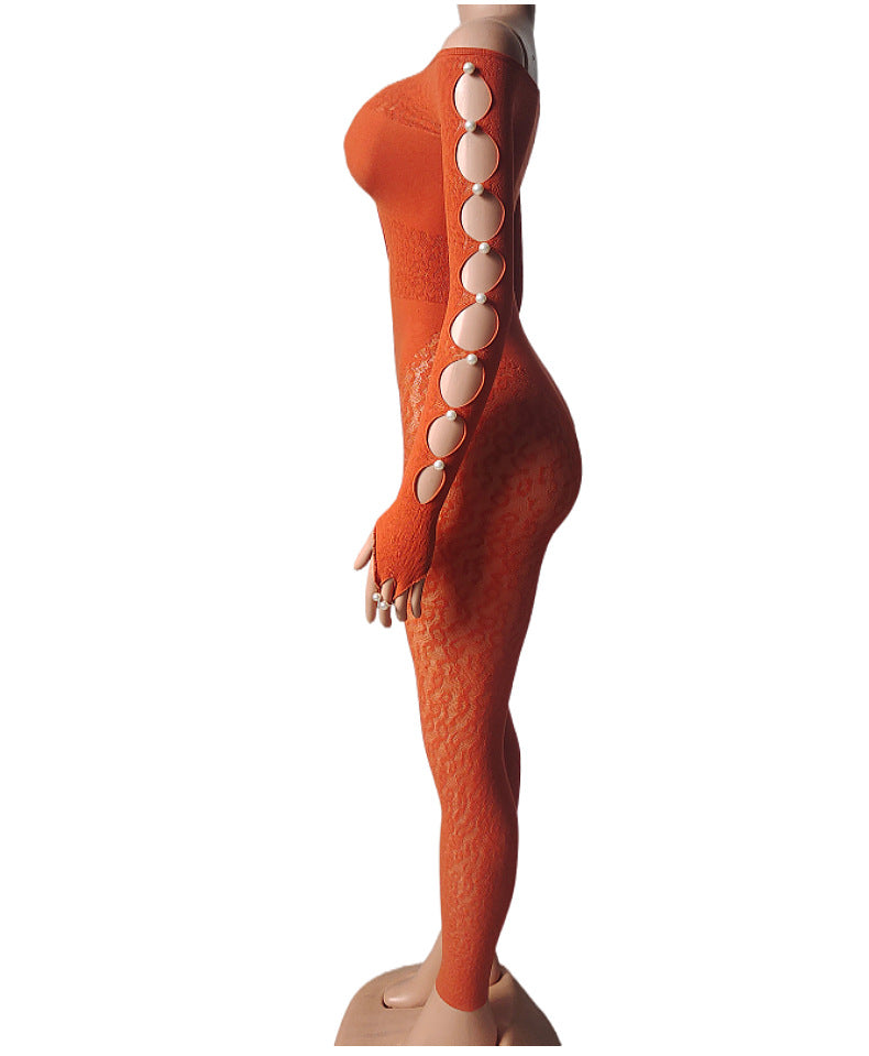 Plus Size Leopard Print Bodysuit - High Waist Slim Mesh Pajama Set