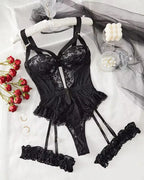 Midnight Allure Lace Bodysuit - Sheer Mesh Garter Set