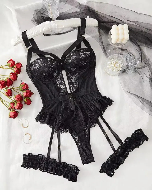 Midnight Allure Lace Bodysuit - Sheer Mesh Garter Set