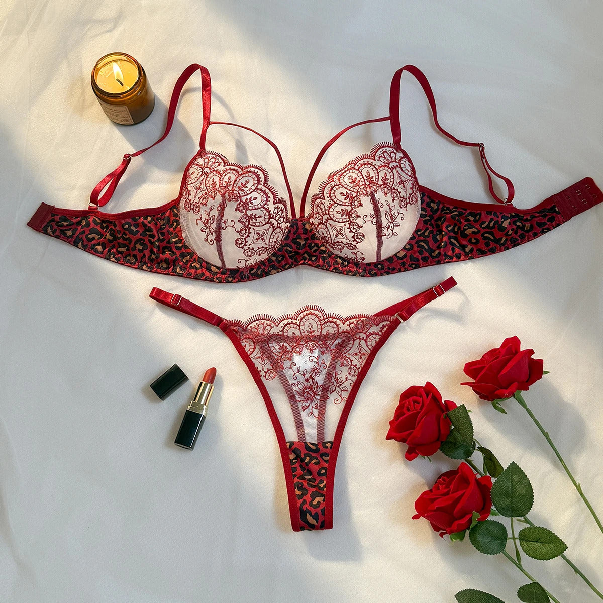 Wild Romance Leopard and Floral Set - Black Lace Lingerie
