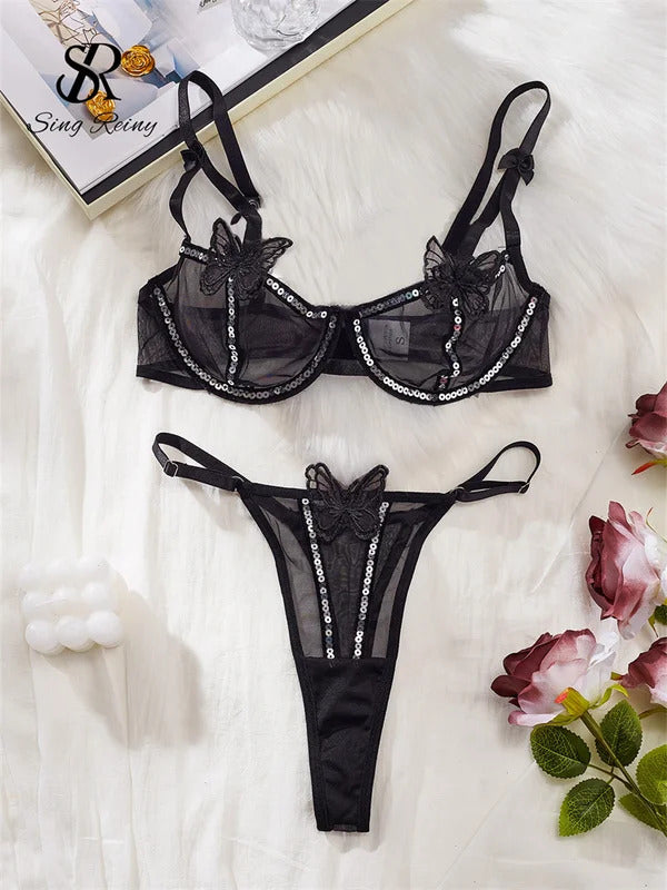 Butterfly Glamour Mesh Lingerie - Sequin Bra and Brief Set