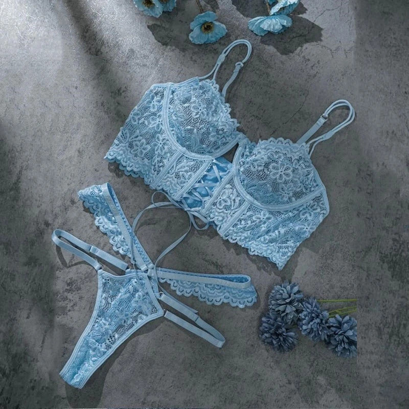 Noir Romance Floral Lace Set - Sheer Bra & Brief Collection