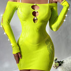 Pearl Hollow Out Mesh Dress - Long Sleeve Bodycon Style