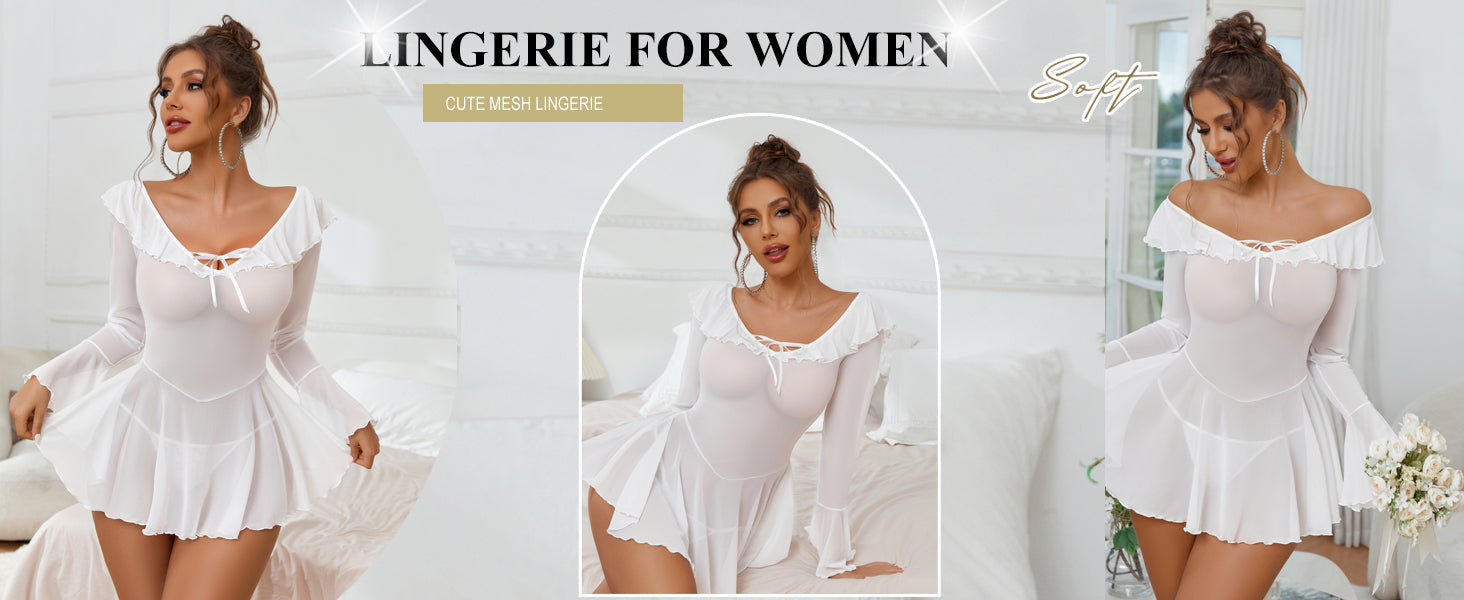 Romantic Ruffles Off-Shoulder Babydoll - Long Sleeve Nightgown