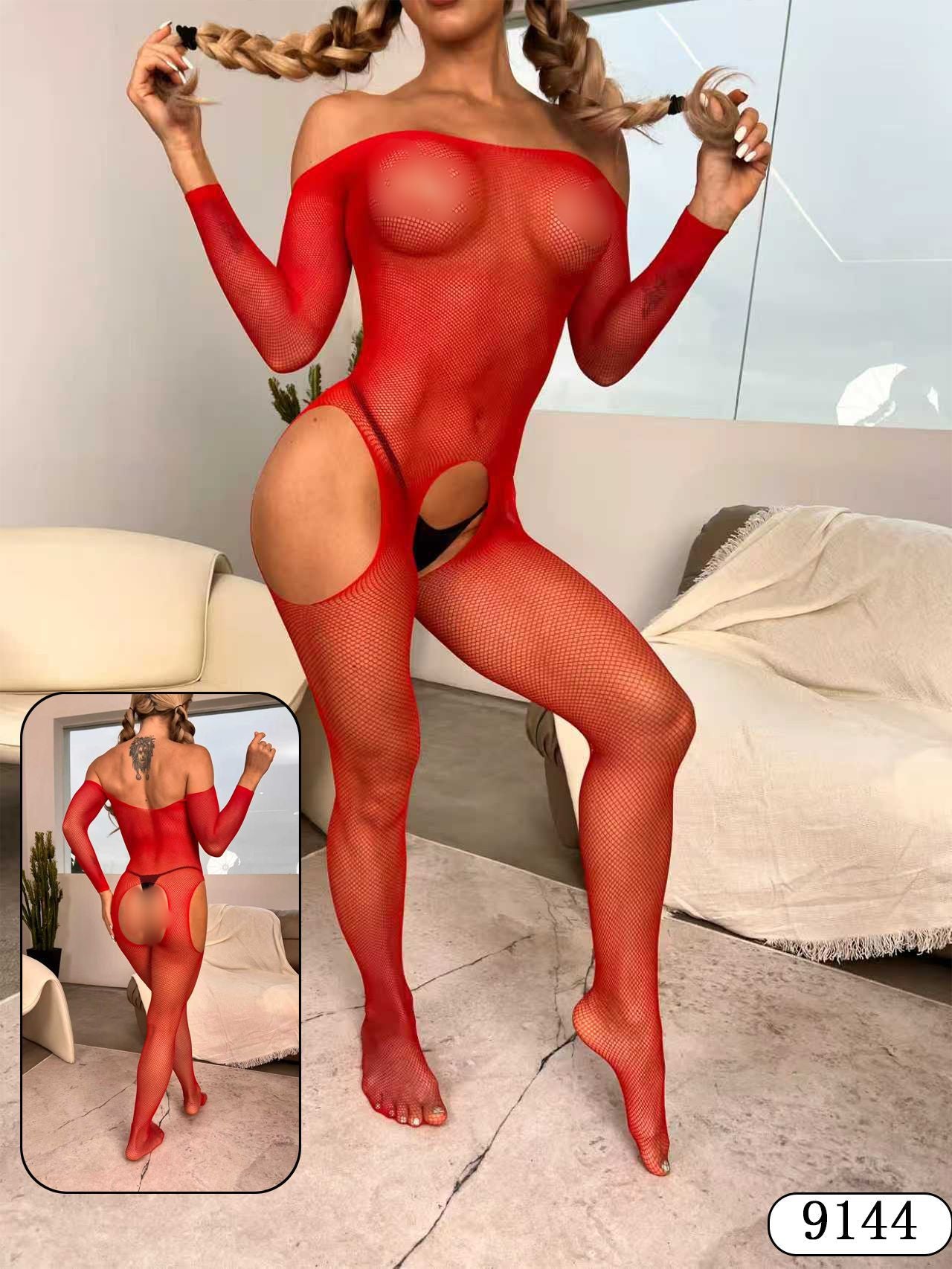 Plus Size Christmas Mesh Nightwear with Stockings - Holiday Set