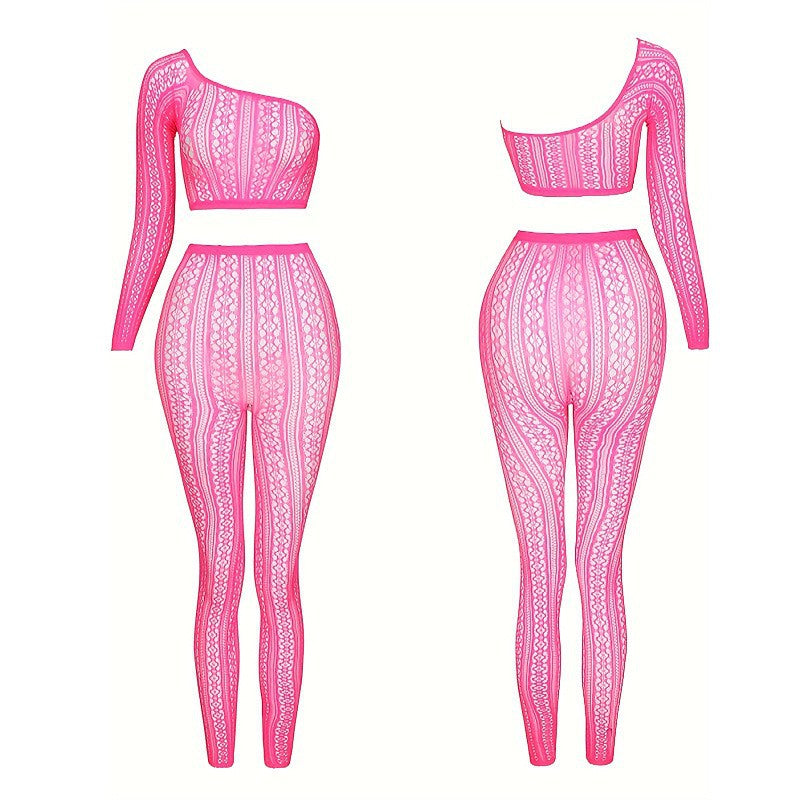 Mesh Bodysuit Set - Hollow Out Sheer Design with Pants