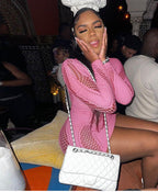 One-Piece Hollow Out Bodysuit - Short Style Half High Neck Long Sleeve