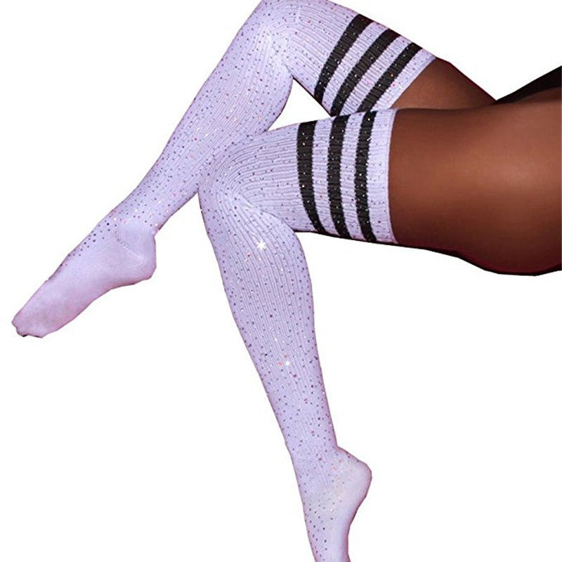 Rhinestone Over-the-Knee Socks - Three Stripe Long Tube Student Socks