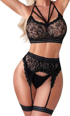 Strappy Seduction Halter Set - 3 Piece Lace Garter Collection