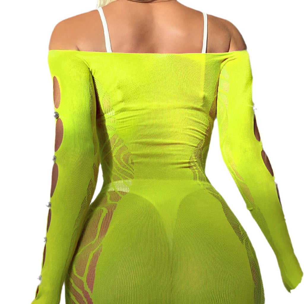 Pearl Hollow Out Mesh Dress - Long Sleeve Bodycon Style