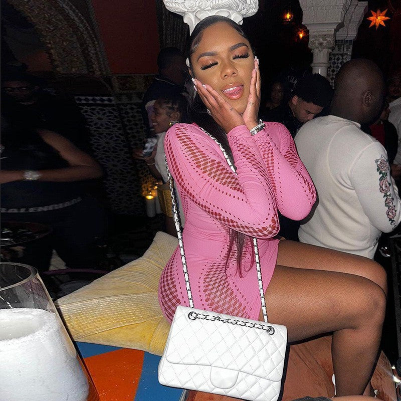 One-Piece Hollow Out Bodysuit - Short Style Half High Neck Long Sleeve