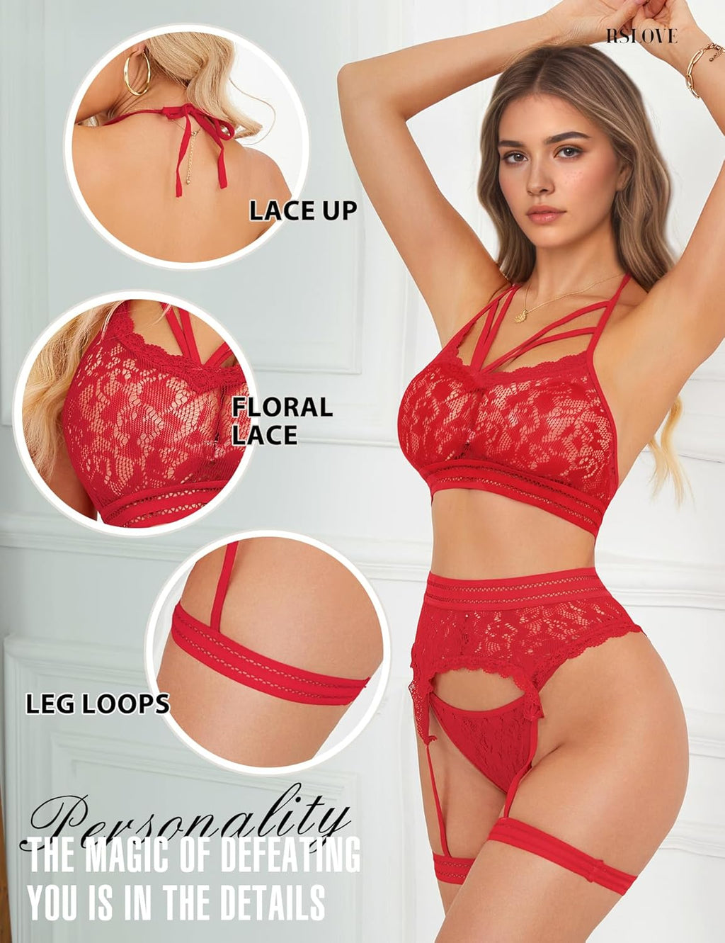 Strappy Seduction Halter Set - 3 Piece Lace Garter Collection