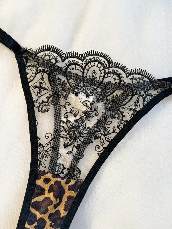 Wild Romance Leopard and Floral Set - Black Lace Lingerie