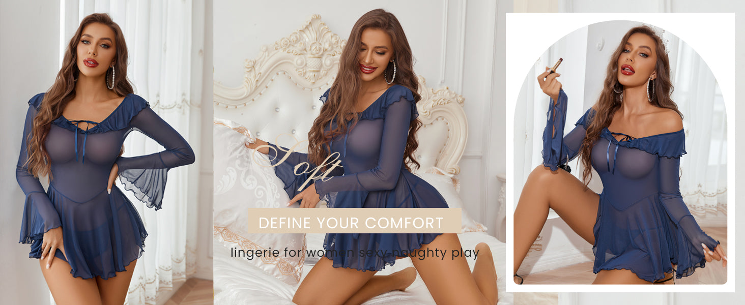 Romantic Ruffles Off-Shoulder Babydoll - Long Sleeve Nightgown