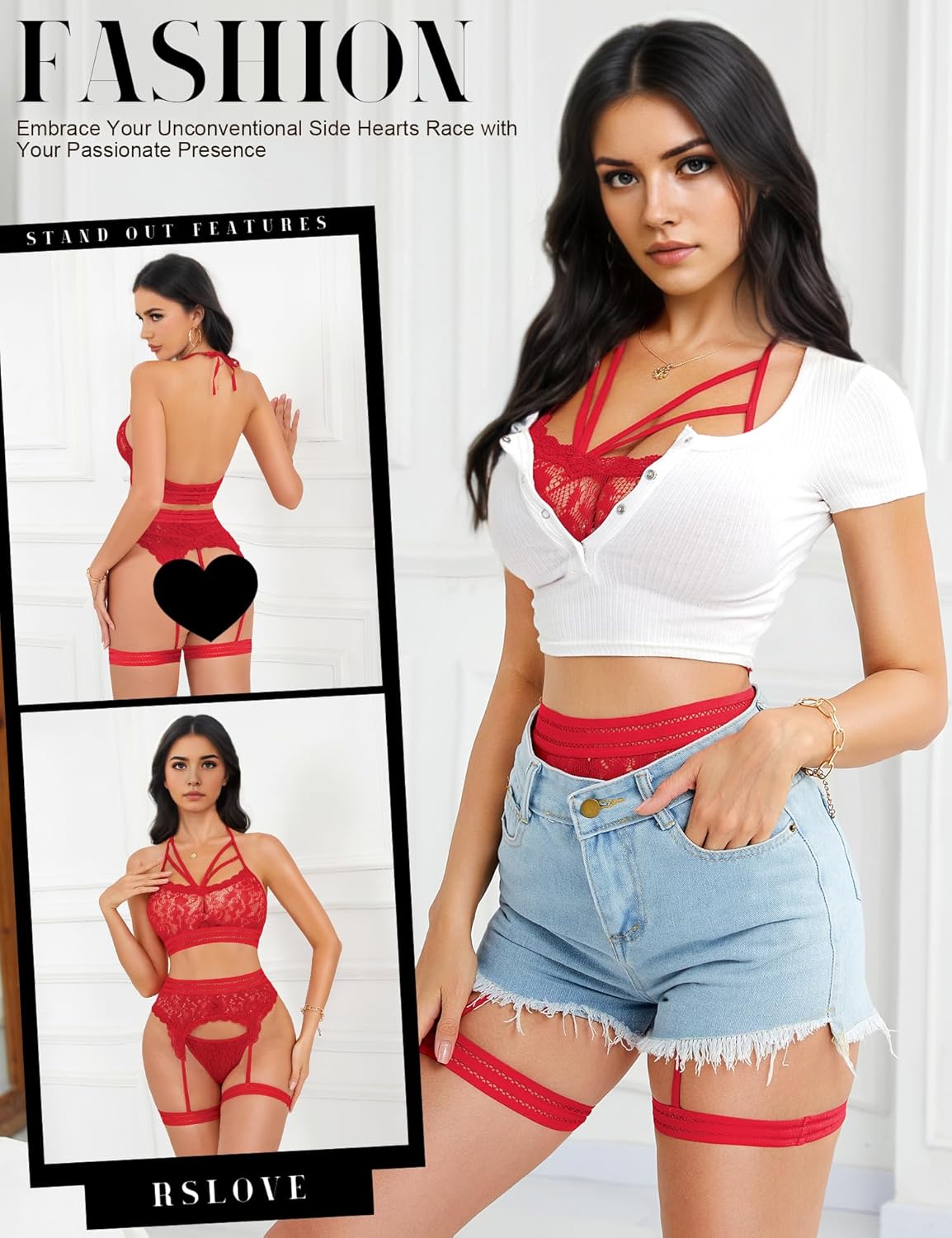 Strappy Seduction Halter Set - 3 Piece Lace Garter Collection