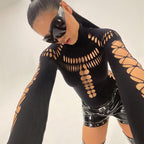 Hollow Out One-Piece Mesh Bodysuit - Nightwear