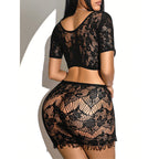 Short Sleeve Off-Shoulder Mesh Tie Set Dress - Bright Color Series