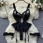 Midnight Allure Lace Bodysuit - Sheer Mesh Garter Set