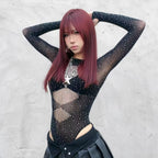 Rhinestone Mesh Set - Sheer Nightwear with Stockings